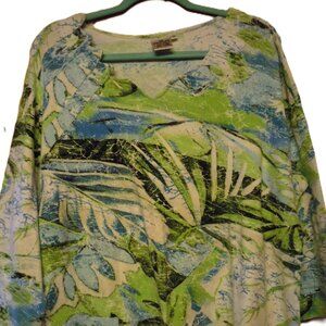 Parsley & Sage 1X Green Tropical Paradise Abstract Palm Leaf V-Neck 3/4 Sleeve